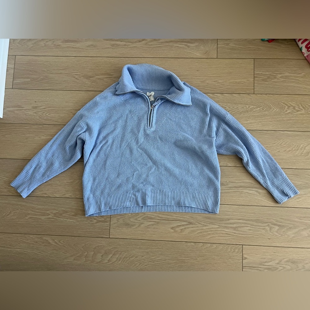 Aerie CozyUp Waffle Quarter Zip Sweater light blue size large